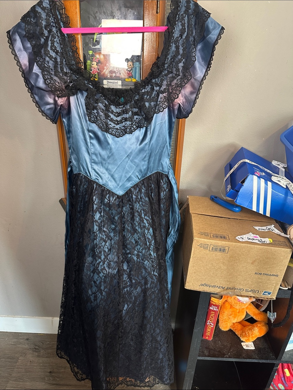 Gunne Sax Blue Satin Dress with Black Lace Overlay